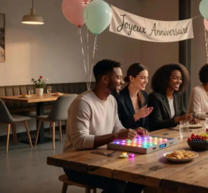 Groupe d'amis célébrant un anniversaire dans un espace de jeux moderne