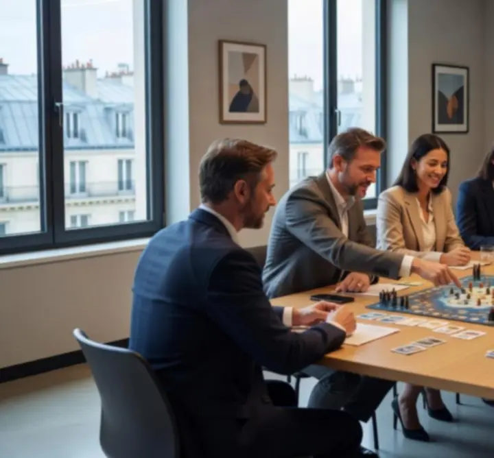 Équipe d'entreprise réunie autour d'un jeu stratégique collaboratif