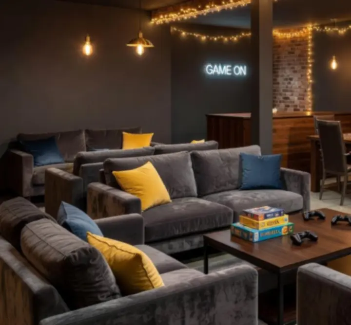 Espace intérieur de jeux moderne avec tables, sièges confortables et décoration contemporaine