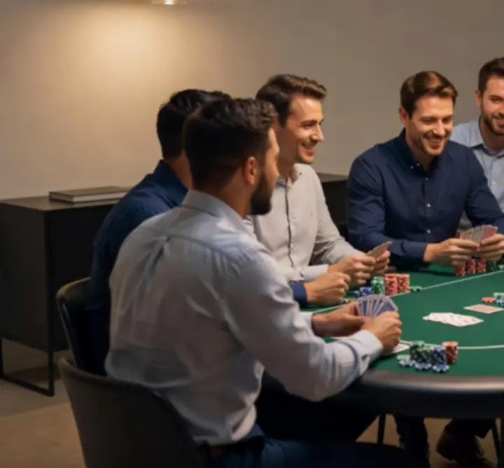 Table de poker conviviale avec des joueurs concentrés et souriants