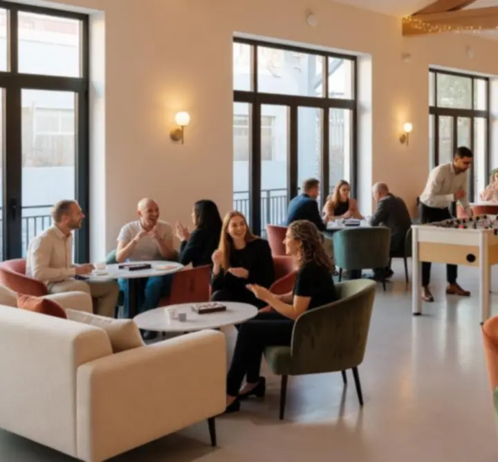 Salle d'événement moderne et chaleureuse prête pour une soirée privée