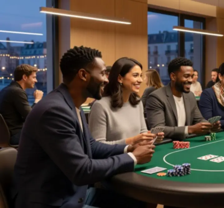 Table de poker conviviale avec jetons et cartes dans une ambiance chaleureuse