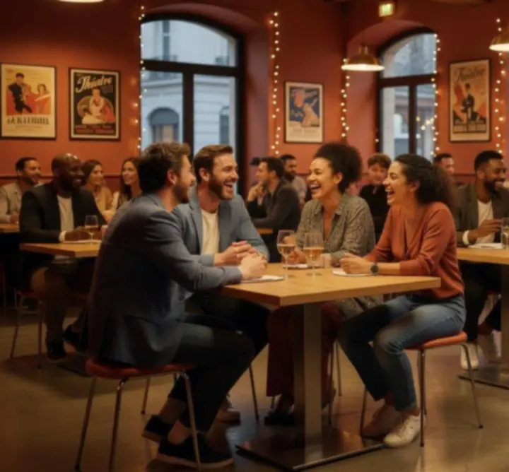 Groupe de clients souriants partageant une soirée de jeux conviviale